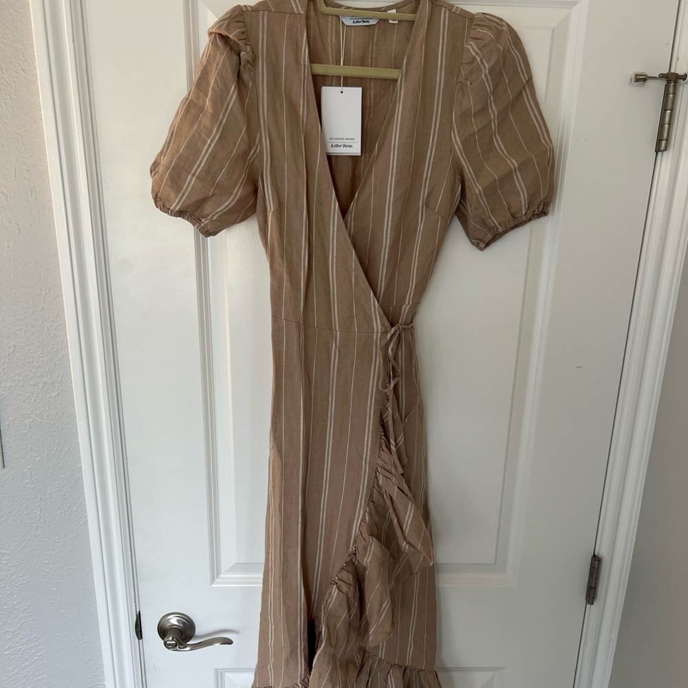 NWT & Other Stories Beige White Striped Wrap Dress, Size 4.